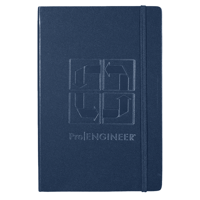 A navy blue journal with an embossed design and an elastic band closure, featuring a logo.