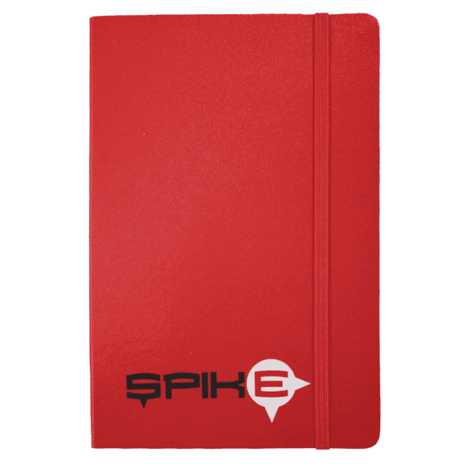A red journal with a textured cover and an elastic band, featuring a logo on the front.