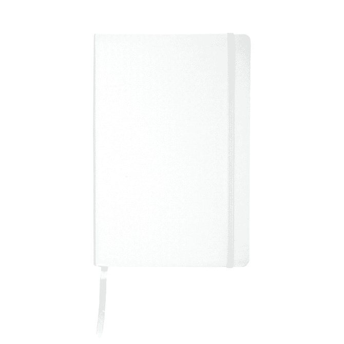 A white notebook with a textured cover, featuring an elastic band and a ribbon bookmark, includes a branding logo.