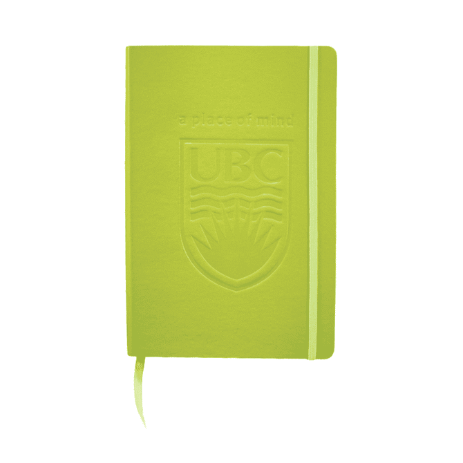 A green Ambassador Bound JournalBook featuring an embossed logo and an elastic closure.