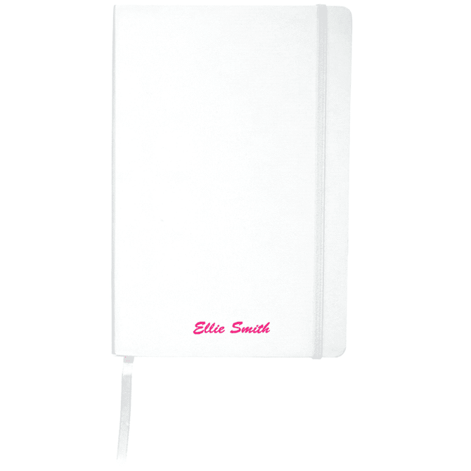 A white notebook with a ribbon bookmark and a pink name in a branded design.