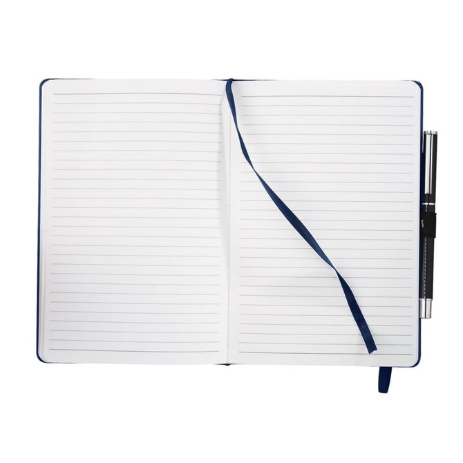 A navy blue bound journal with lined pages, a ribbon bookmark, and a pen attached.