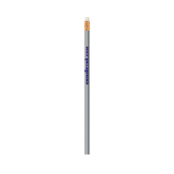 A grey lead pencil with a pink eraser and a small logo near the top.