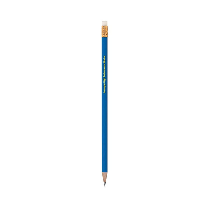 A blue pencil with a grey lead and an eraser at the top, featuring branding on the side.