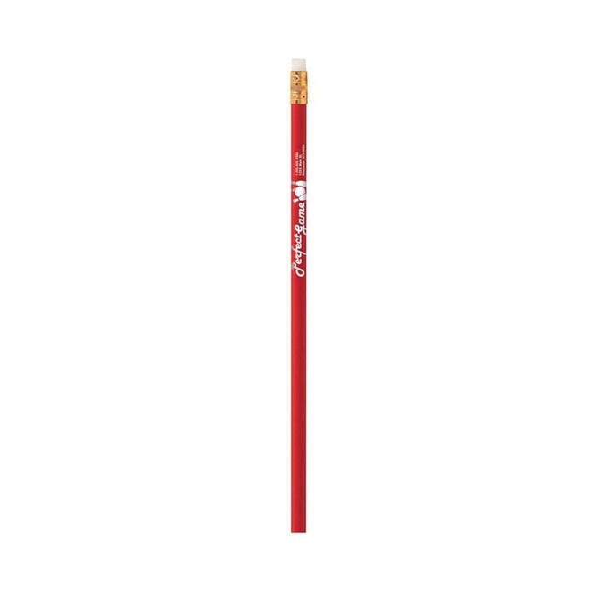 A red pencil with a gold eraser and a logo at the top, designed for writing.