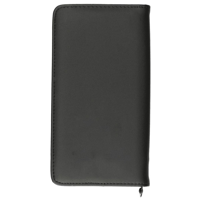 A black travel wallet with a smooth finish and a zip closure, featuring a simple design and a logo.