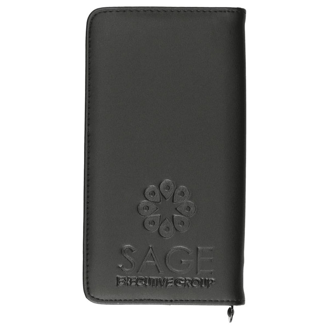 A sleek black travel wallet with a textured surface, featuring a logo on the front.