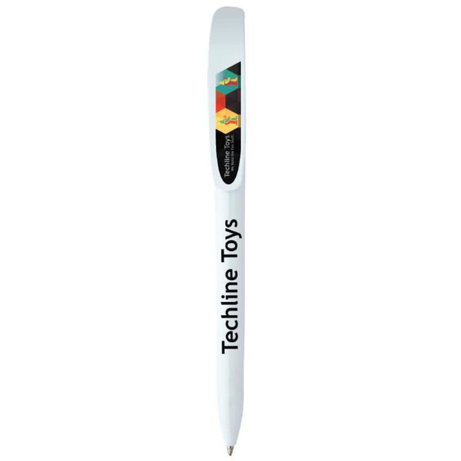 A white pen with a logo, featuring a sleek design and a clip for easy attachment.