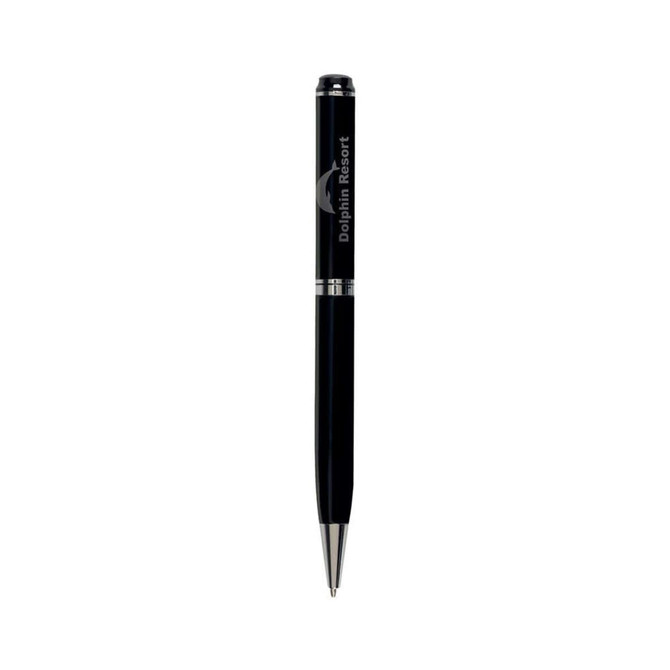 A sleek black metal twist pen featuring a logo, ideal for writing elegantly.