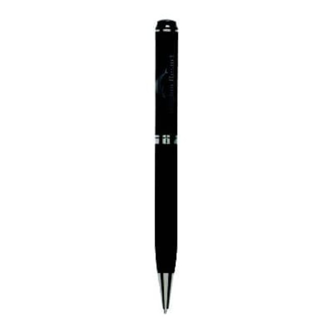 A black metal twist pen with a sleek design and a logo on its body.