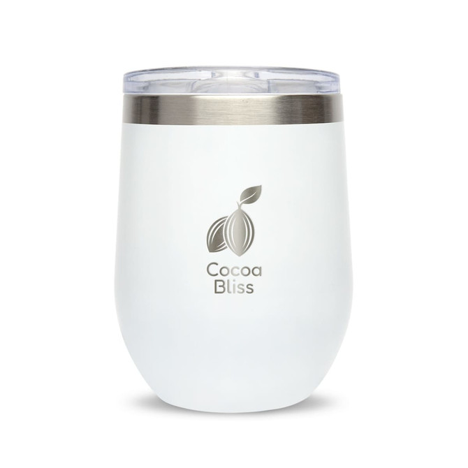 A reusable white coffee cup with a stainless steel lid and a logo on the front.