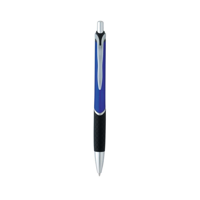 A blue and silver plastic pen with a textured black grip and a logo on the barrel.