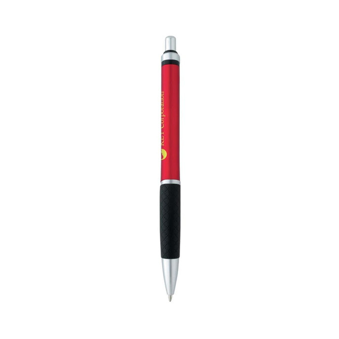 A red plastic pen with a black grip and a silver clip. The pen features a logo on the barrel.
