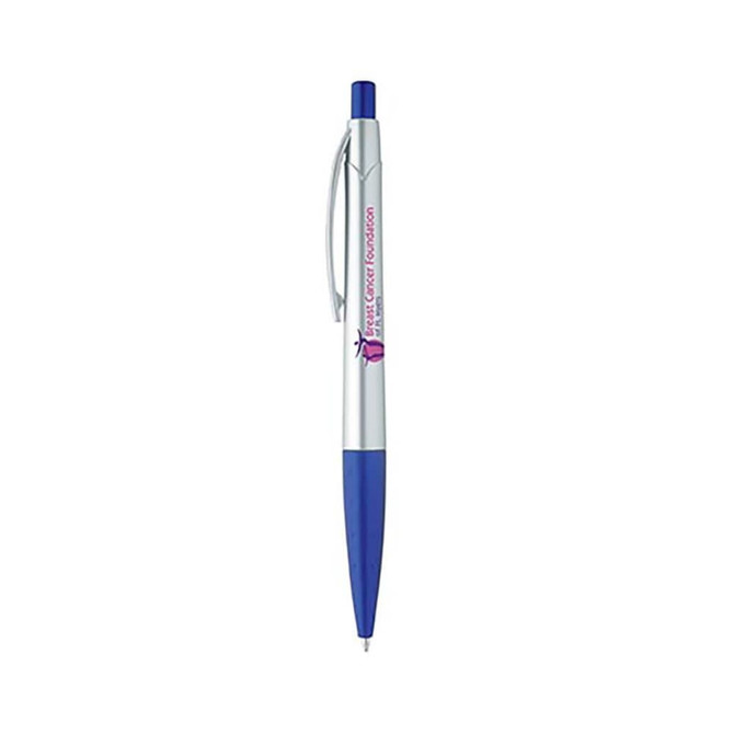 A silver plastic pen with a blue tip and clip, featuring a branding logo.