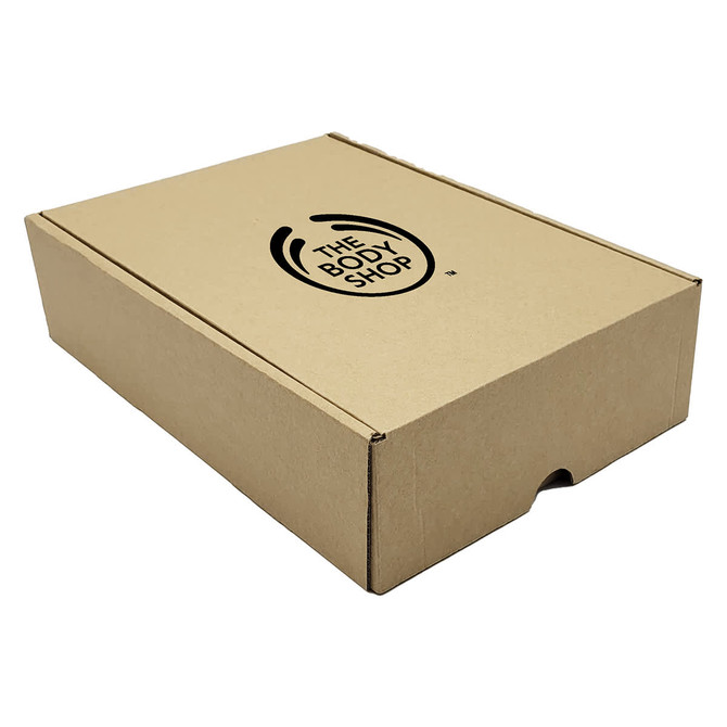 A brown cardboard box featuring a logo, designed for packaging products.