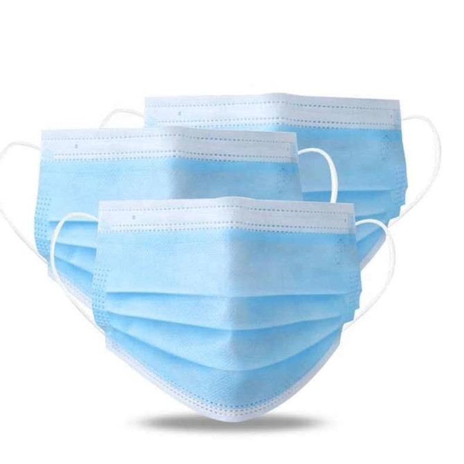 Three blue triple-layered cloth face masks displayed together, featuring ear loops and pleated design.