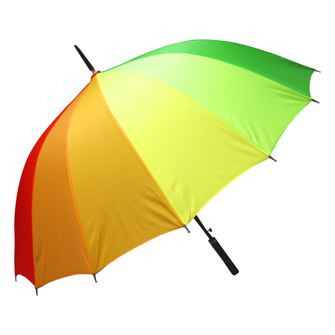 A multi-coloured umbrella featuring vibrant shades of red, orange, yellow, green, and a black handle.