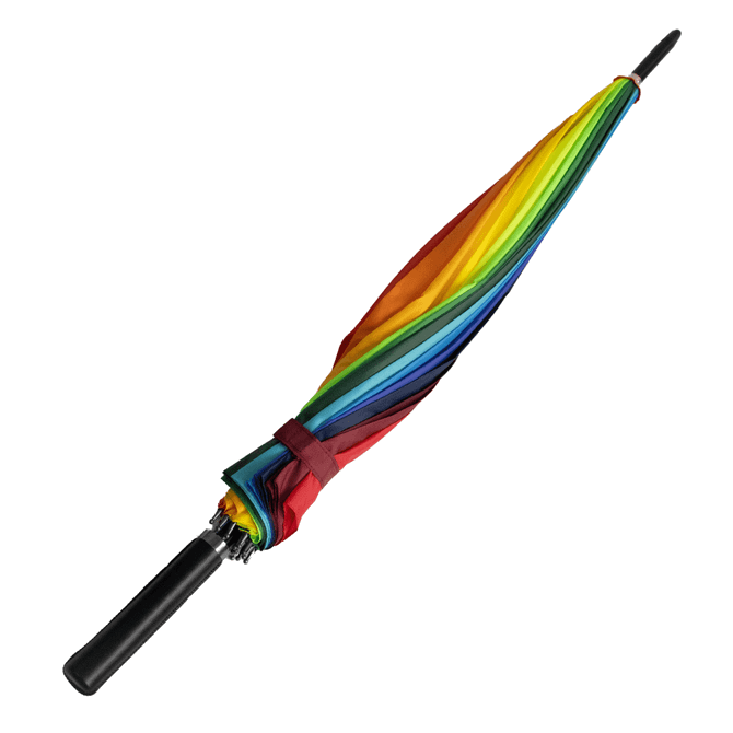 A rainbow-coloured umbrella with a black handle, featuring vibrant stripes of various colours.