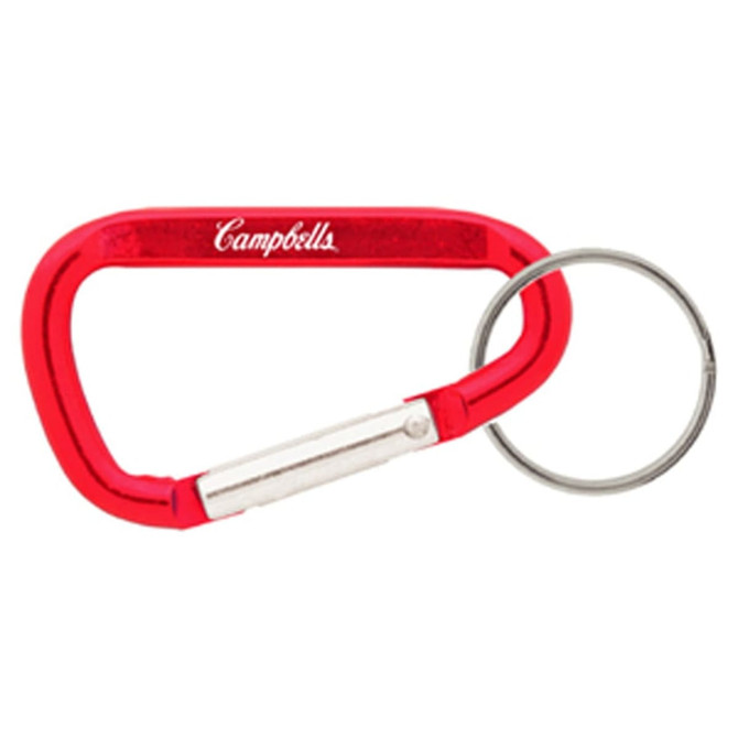 A red 60mm carabiner with a silver keyring and a logo.