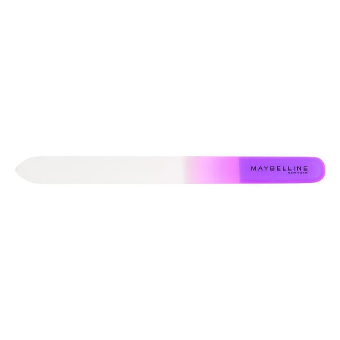 A glass nail file with a gradient design in purple and white, featuring a logo.