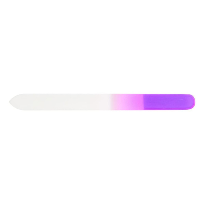 A glass nail file featuring a gradient design in white and purple, with a smooth surface and rounded ends.