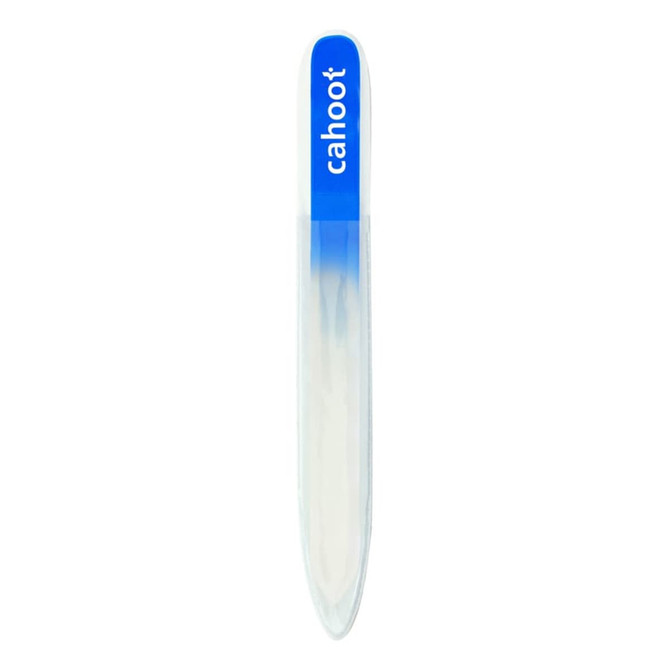 A glass nail file with a clear body and a blue handle, featuring a logo.