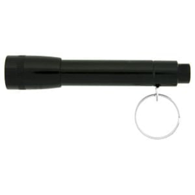 A black Maverick flashlight with a keychain attachment. It has a cylindrical design and a push-button at one end.