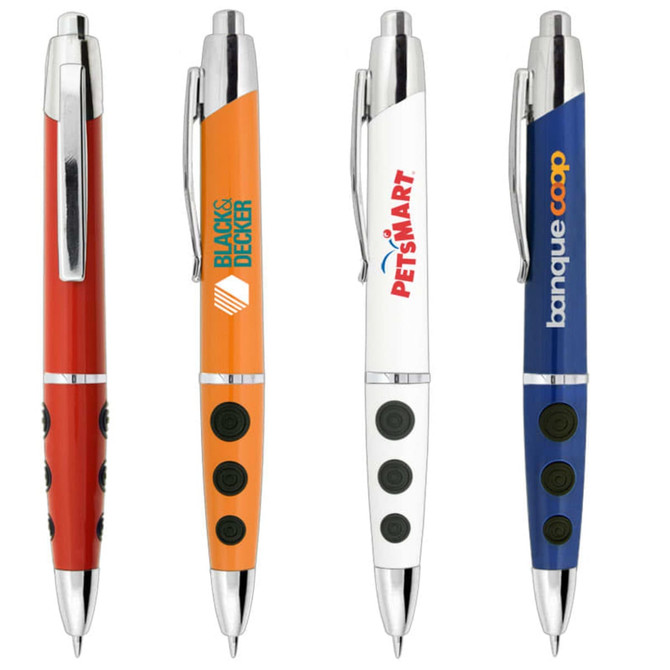A collection of plastic pens in red, orange, white, and blue, each with a logo on the body.