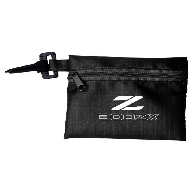 A black Tech Kit Pouch with a zippered compartment and a pen holder, featuring a logo on the front.