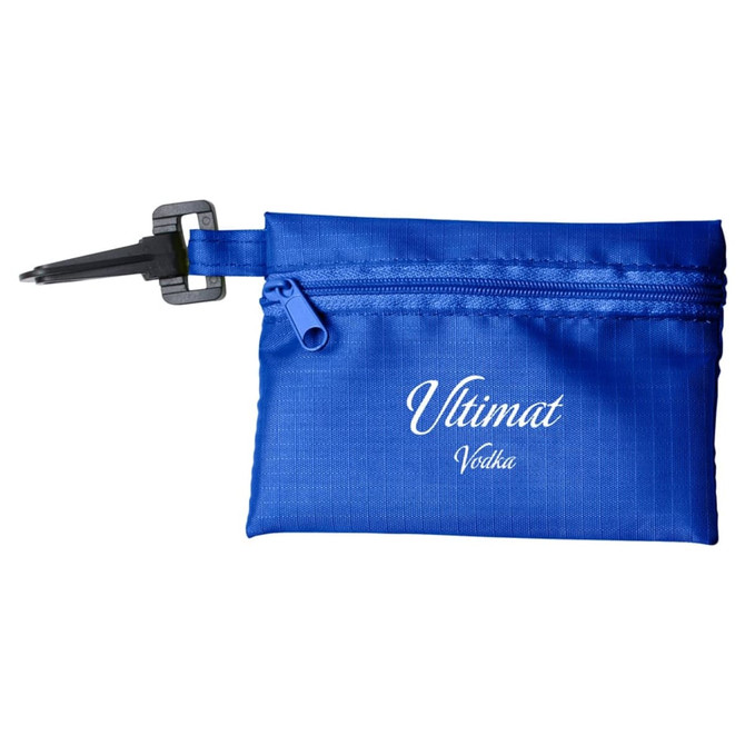 A blue Tech Kit Pouch with a zip closure and a pen attached, featuring a logo on the front.