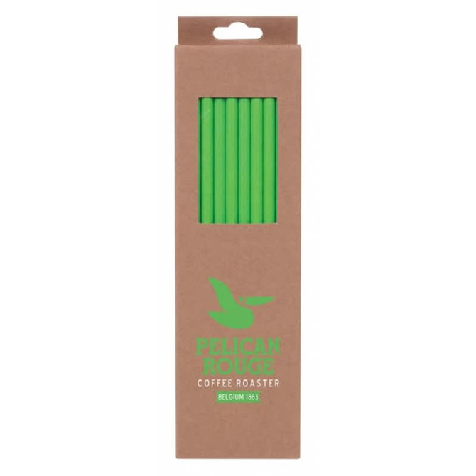A pack of six green straws in a brown cardboard box, featuring a logo on the front.