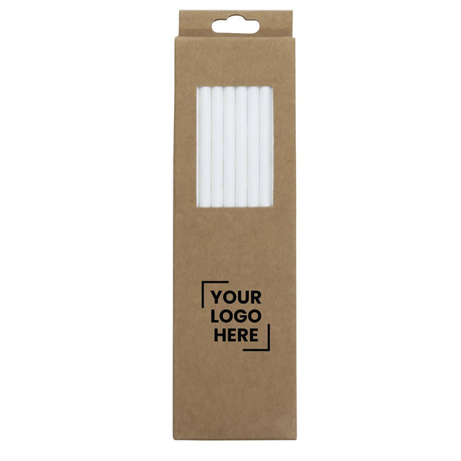 A cardboard packaging containing six white straws, with a logo on the front.