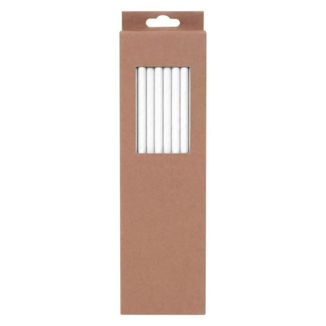 A packaging box containing six white straws, displayed in a brown cardboard box with a transparent window.