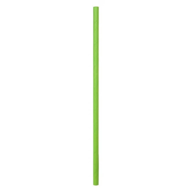 A green straw stands upright against a white background, featuring a simple design without any visible logos.