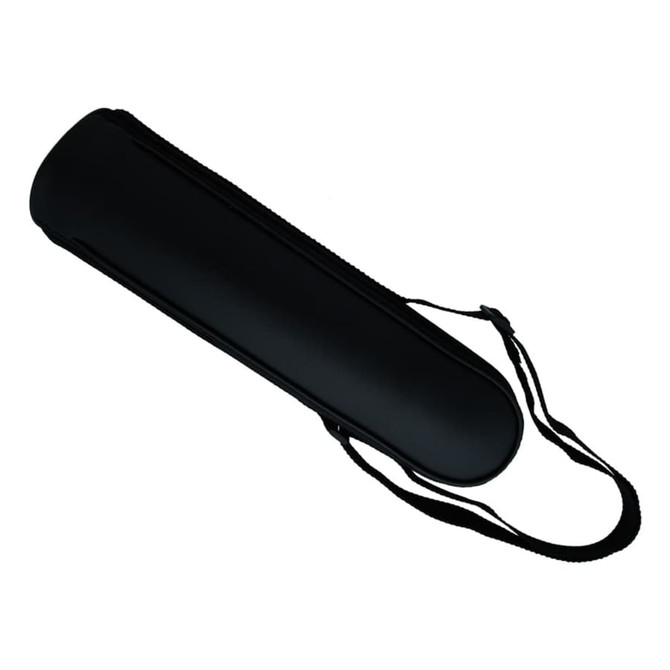 A black vacuum flask with a sleek design, featuring a carry strap and a logo.