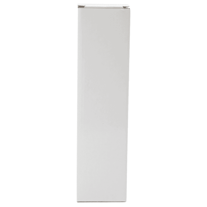 A drink bottle in a tall, narrow white box, featuring a simple design and a branded logo.