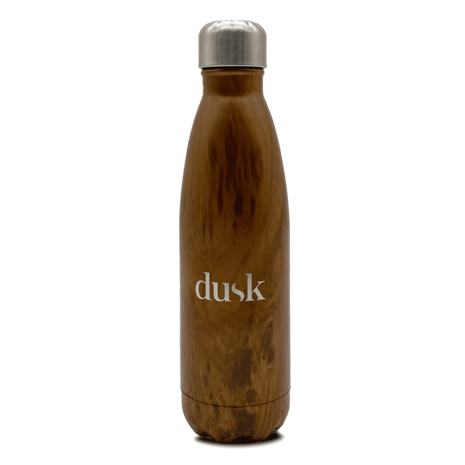 A drink bottle with a sleek wooden finish and a stainless steel cap, featuring a logo on the front.