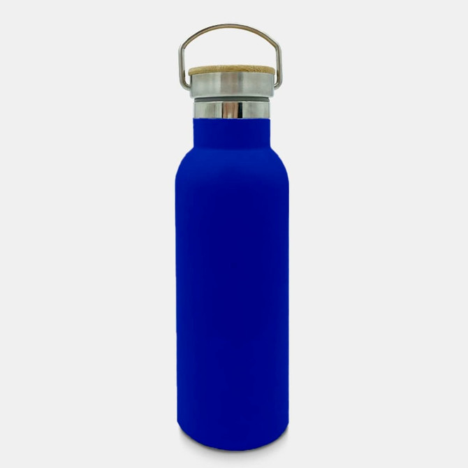 A drink bottle in a vibrant blue colour with a stainless steel top and a wooden accent. It features a logo.
