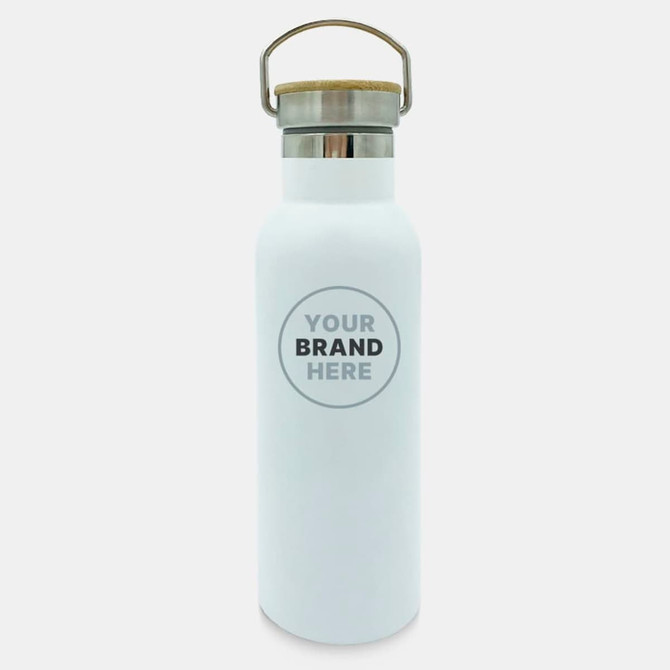 A drink bottle in white with a metal lid and a bamboo handle, featuring a logo placeholder.