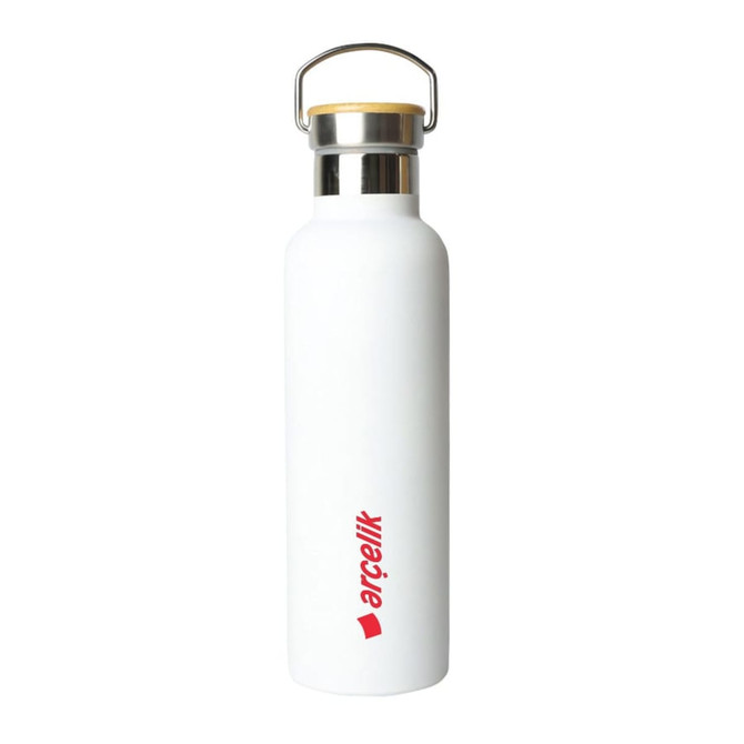 A drink bottle in white with a stainless steel lid and a wooden top, featuring a logo.