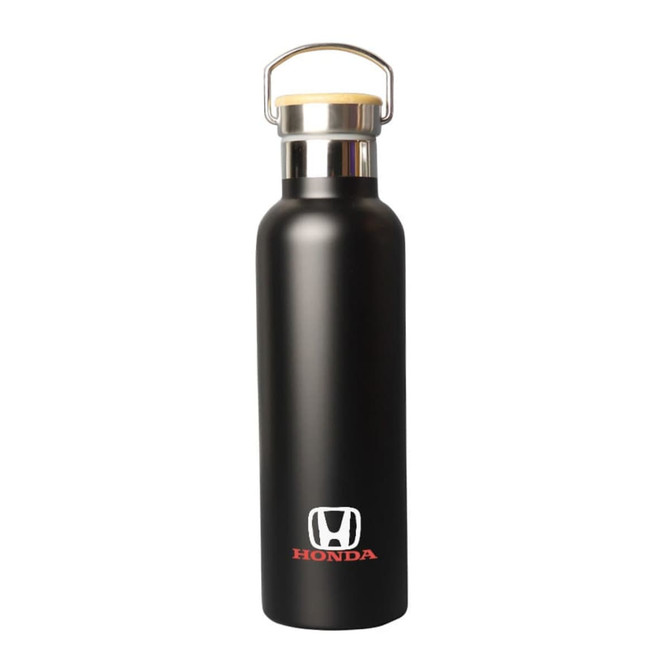 A drink bottle with a sleek black finish, featuring a metal lid and a branding logo.