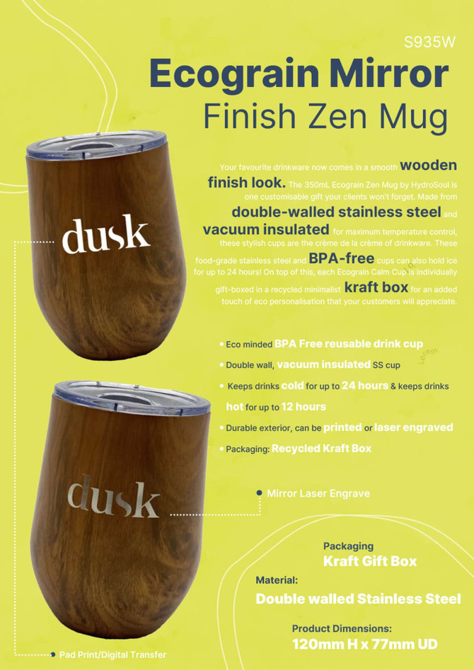 A drink bottle featuring a wooden finish, double-walled stainless steel, and a laser-engraved design in dusk colour.