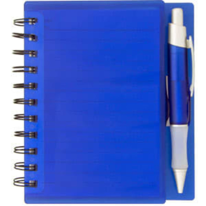 A blue notepad with a spiral binding and a matching blue pen. It features a solid cover.