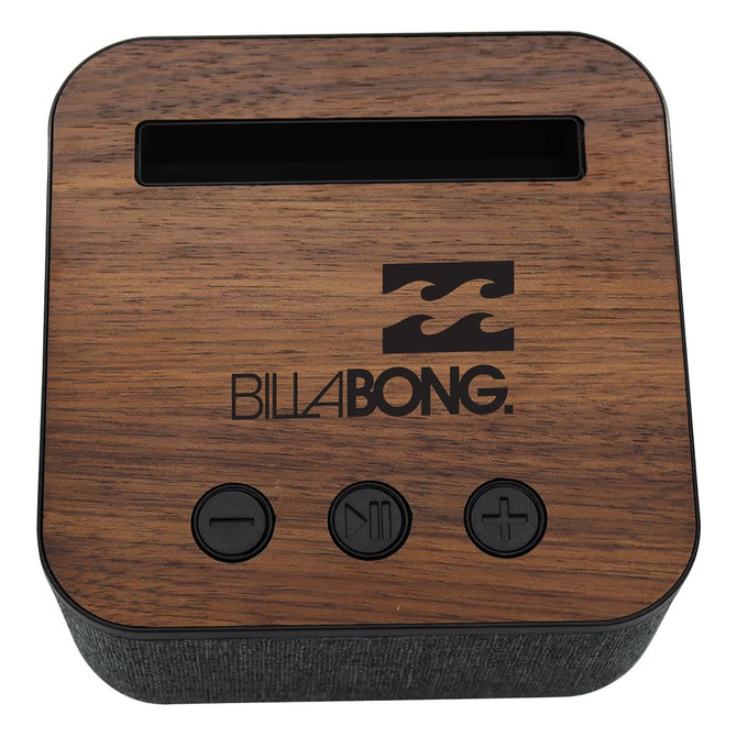 A wooden and grey Bluetooth speaker featuring buttons for play, pause, and volume. It has a prominent logo.