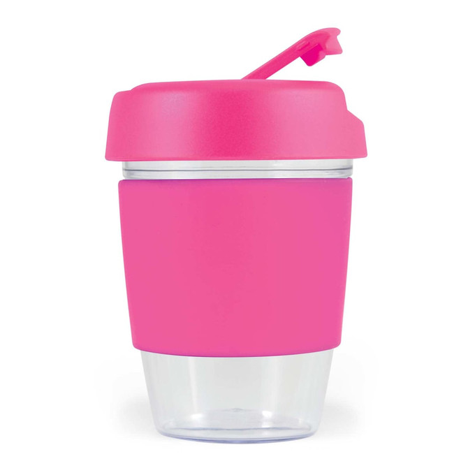 A drink bottle featuring a clear base with a vibrant pink silicone band and lid. It has a secure sipping spout.