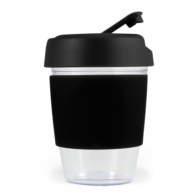 A drink cup with a clear base and a black silicone band, topped with a black lid. It features a logo.