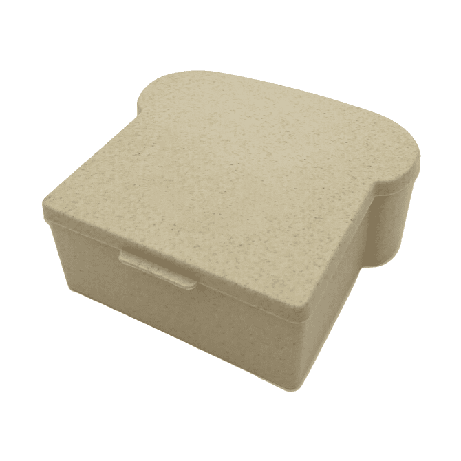 A sandwich box in a beige colour with a rounded top, resembling a slice of bread, featuring a logo.