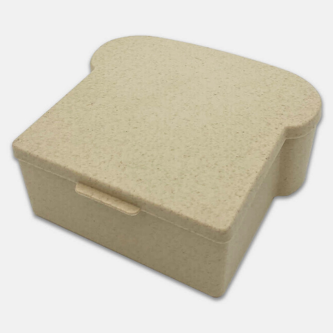 A beige sandwich box shaped like a slice of bread, with a simple design and a logo on the surface.