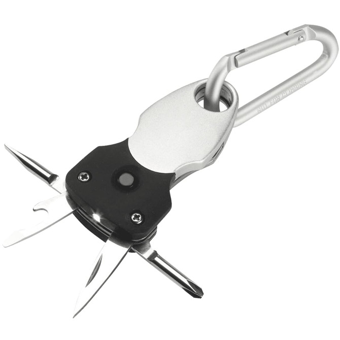 A silver multi-tool keyring with various tools, including screwdrivers, attached to a metal carabiner.