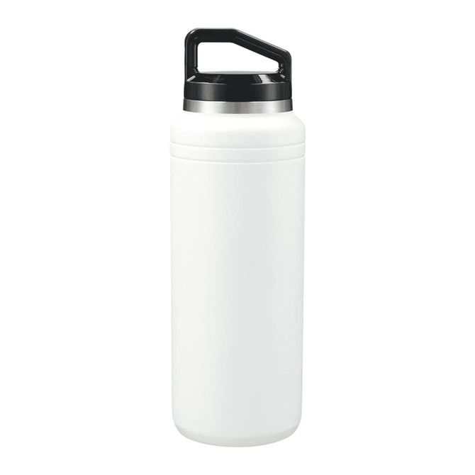 A drink bottle featuring a white exterior and a black lid, designed for drinkware use. It includes a logo on the body.